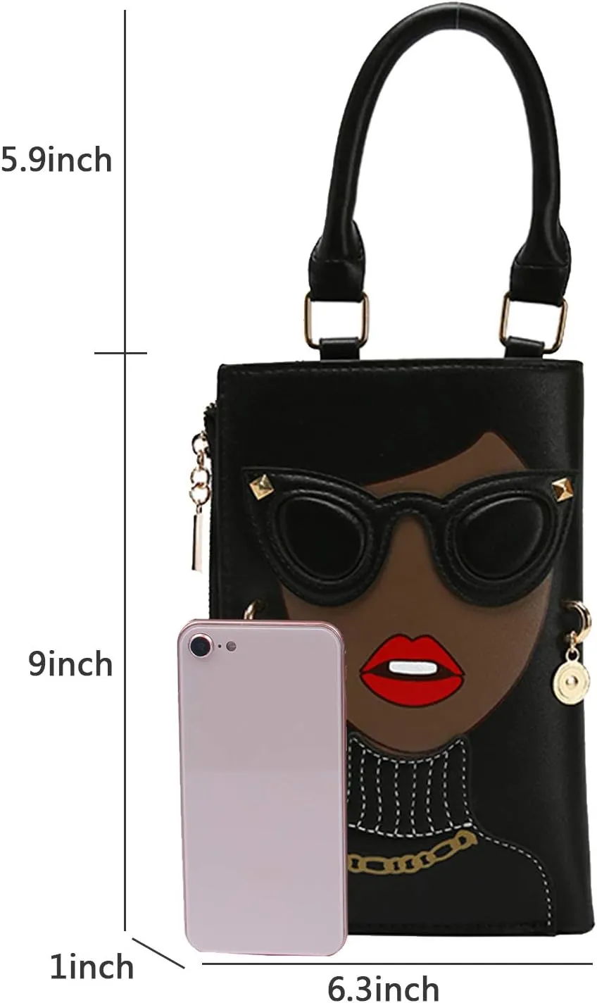 KUANG! Women Novelty Lady Face Shoulder Bags Funky PU Leather Top Handle Satchel Handbags Clutch Purse for Women