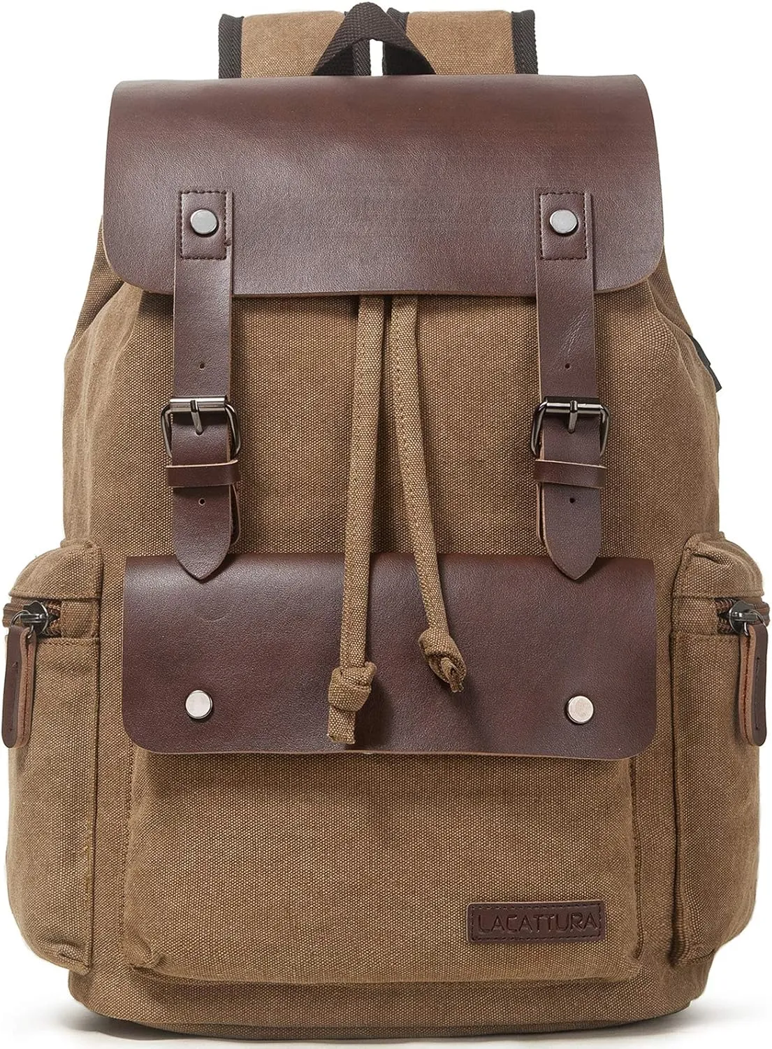 LACATTURA Vintage Leather Backpack for Men & Women, Denim Canvas Laptop Rucksack