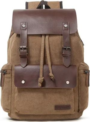 LACATTURA Vintage Leather Backpack for Men & Women, Denim Canvas Laptop Rucksack