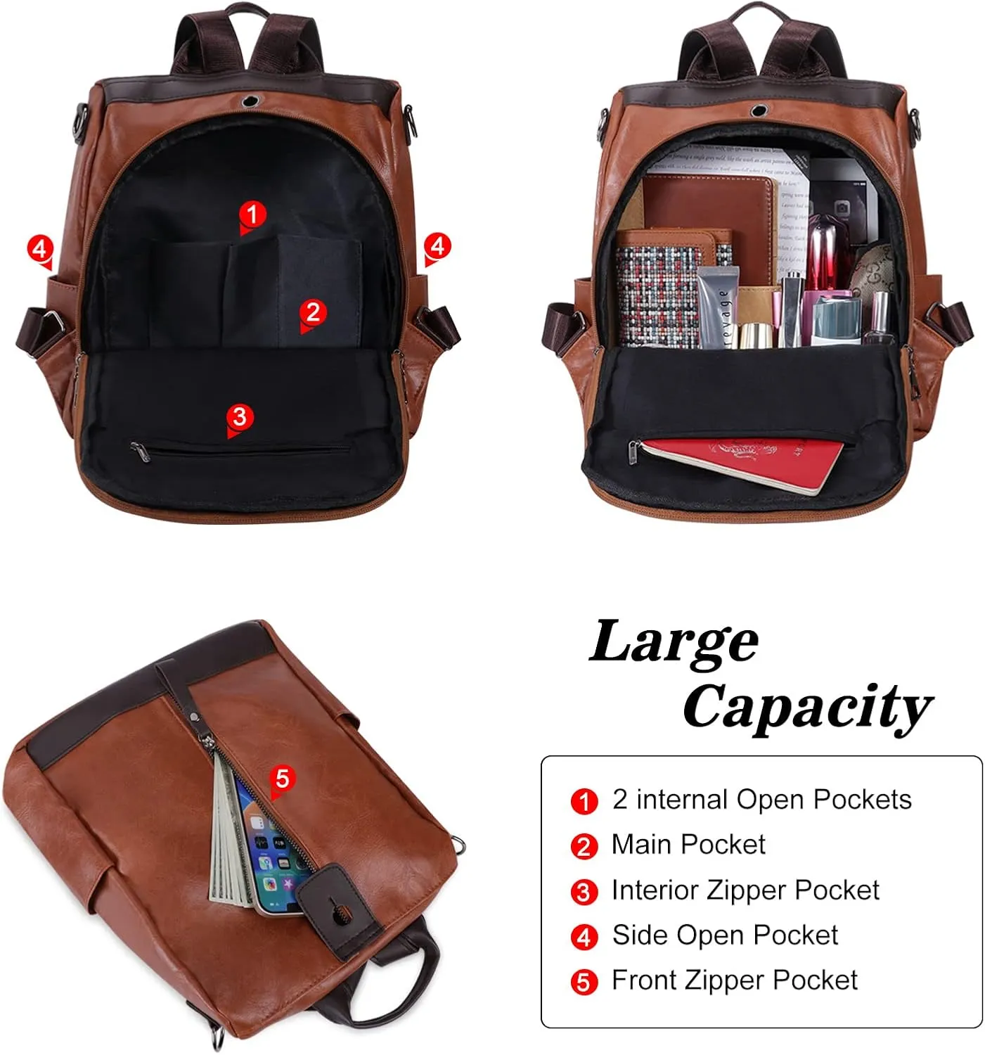 Ladies Anti-Theft Leather Backpack Women Vintage Shoulder Bag Travel Rucksack Womens Casual Daypacks Working Bags Multi Pocket Soft Leather Lightweight 20L