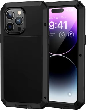 Lanhiem for iPhone 14 Pro Metal Case, Heavy Duty Shockproof Tough Rugged Case with Built-in Glass Screen Protector, 360 Full Body DustProof Protective Cover for iPhone 14 Pro 6.1 inch, Black