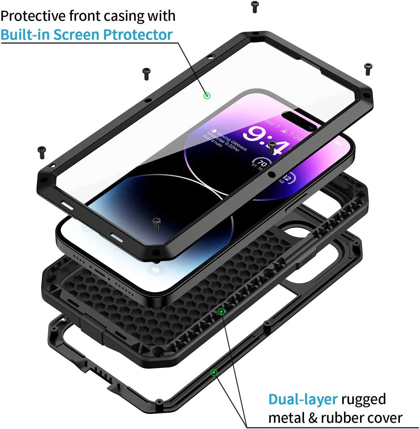 Lanhiem for iPhone 14 Pro Metal Case, Heavy Duty Shockproof Tough Rugged Case with Built-in Glass Screen Protector, 360 Full Body DustProof Protective Cover for iPhone 14 Pro 6.1 inch, Black