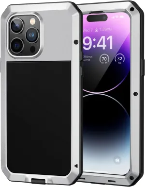 Lanhiem for iPhone 14 Pro Metal Case, Heavy Duty Shockproof Tough Rugged Case with Built-in Glass Screen Protector, 360 Full Body DustProof Protective Cover for iPhone 14 Pro 6.1 inch, Silver