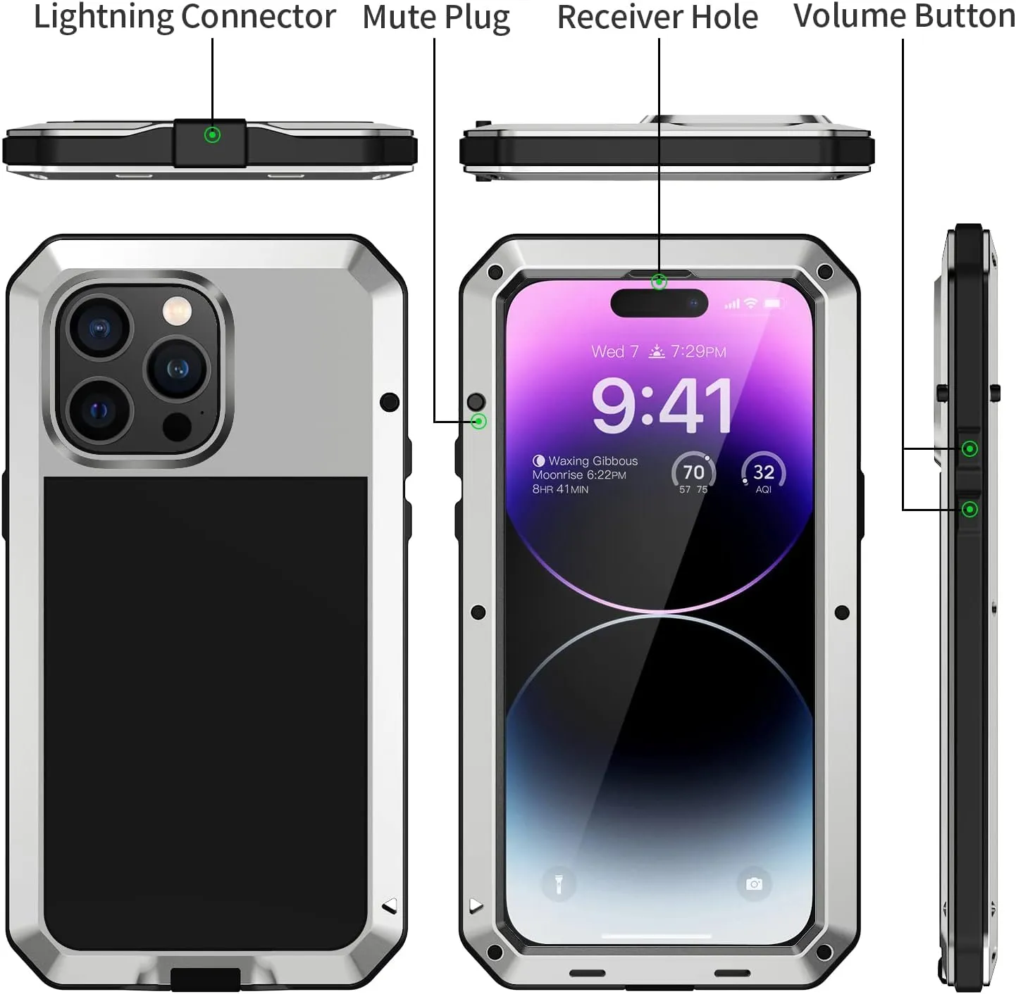 Lanhiem for iPhone 14 Pro Metal Case, Heavy Duty Shockproof Tough Rugged Case with Built-in Glass Screen Protector, 360 Full Body DustProof Protective Cover for iPhone 14 Pro 6.1 inch, Silver