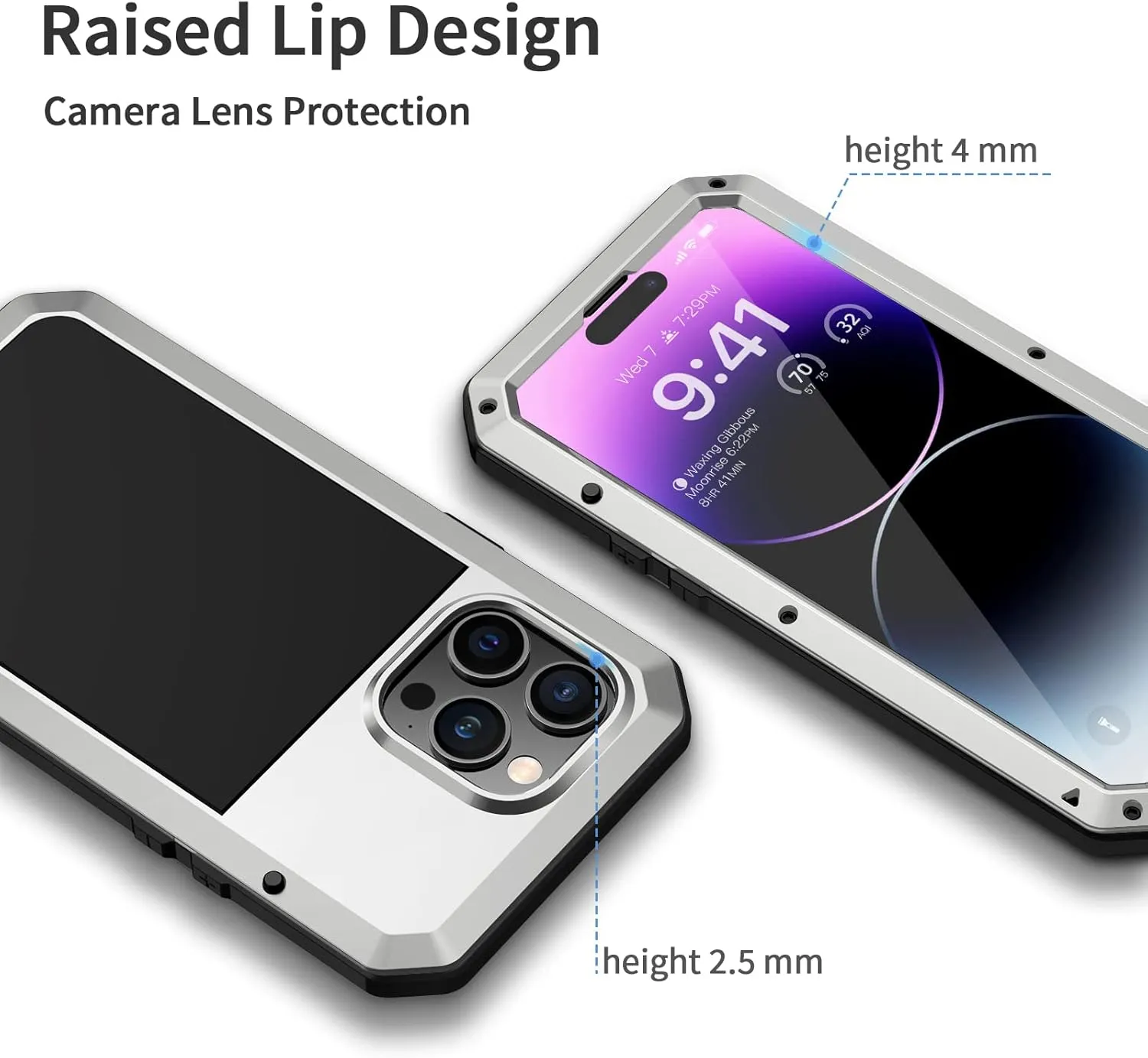 Lanhiem for iPhone 14 Pro Metal Case, Heavy Duty Shockproof Tough Rugged Case with Built-in Glass Screen Protector, 360 Full Body DustProof Protective Cover for iPhone 14 Pro 6.1 inch, Silver