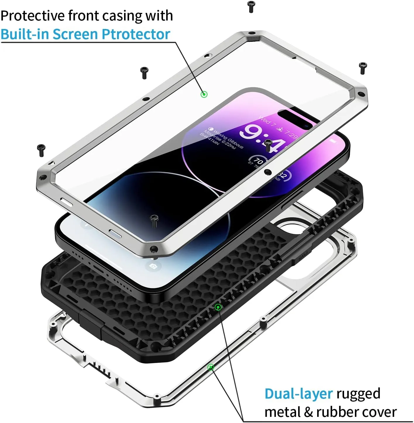Lanhiem for iPhone 14 Pro Metal Case, Heavy Duty Shockproof Tough Rugged Case with Built-in Glass Screen Protector, 360 Full Body DustProof Protective Cover for iPhone 14 Pro 6.1 inch, Silver