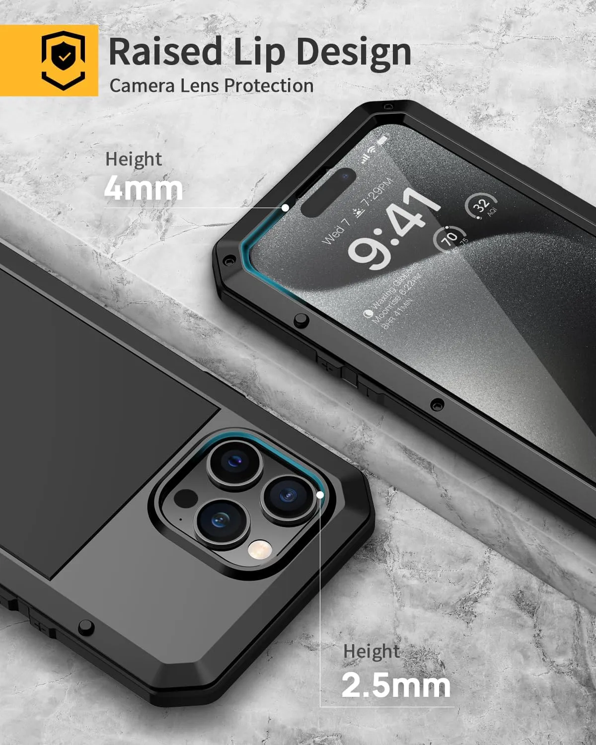 Lanhiem for iPhone 15 Pro Max Metal Case, Heavy Duty Shockproof Tough Rugged Case with Built-in Glass Screen Protector, 360 Full Body DustProof Protective Cover for iPhone 15 Pro Max 6.7", Black