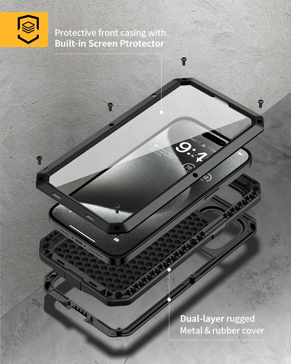 Lanhiem for iPhone 15 Pro Max Metal Case, Heavy Duty Shockproof Tough Rugged Case with Built-in Glass Screen Protector, 360 Full Body DustProof Protective Cover for iPhone 15 Pro Max 6.7", Black