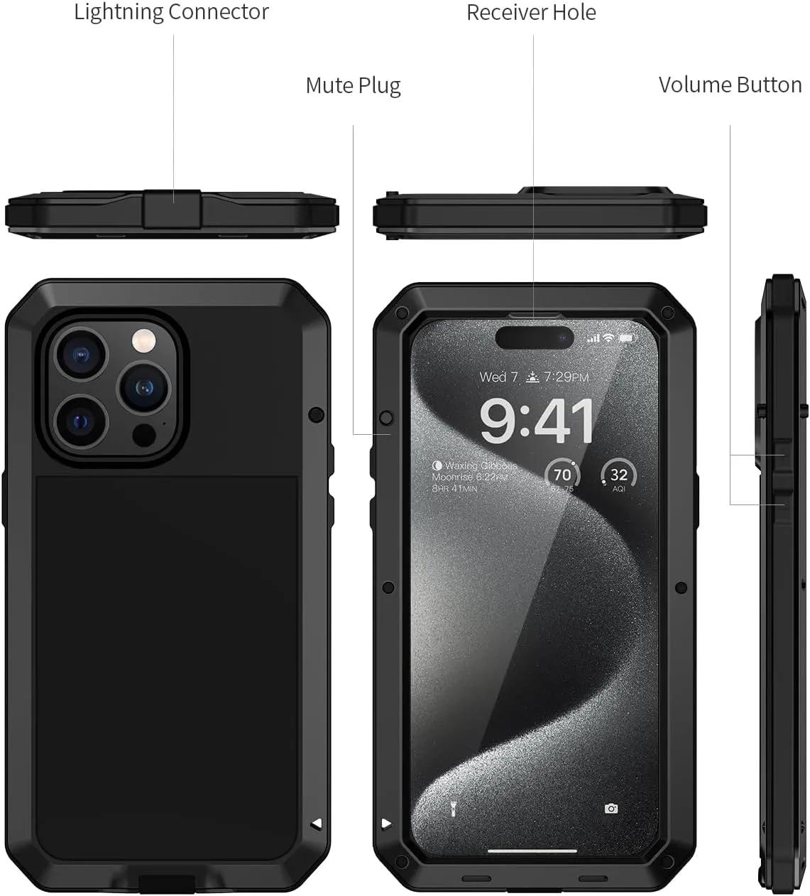 Lanhiem for iPhone 15 Pro Max Metal Case, Heavy Duty Shockproof Tough Rugged Case with Built-in Glass Screen Protector, 360 Full Body DustProof Protective Cover for iPhone 15 Pro Max 6.7", Black