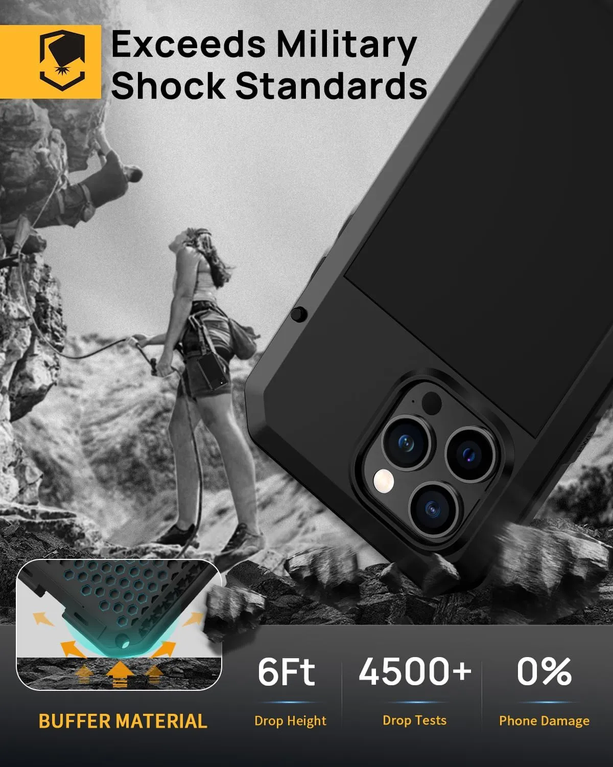 Lanhiem for iPhone 15 Pro Max Metal Case, Heavy Duty Shockproof Tough Rugged Case with Built-in Glass Screen Protector, 360 Full Body DustProof Protective Cover for iPhone 15 Pro Max 6.7", Black