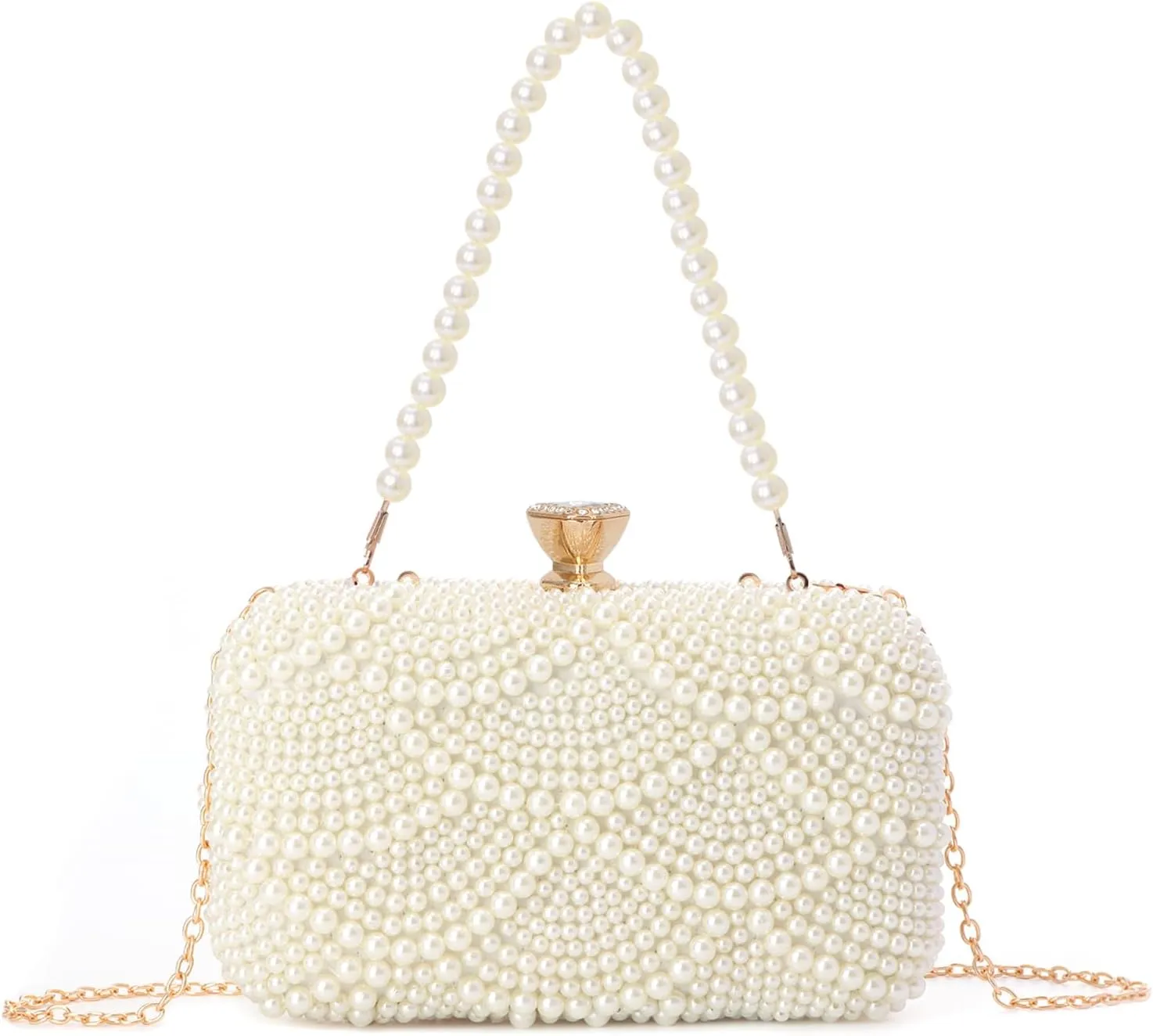 Lanpet Women Pearl Clutch Purse Noble Crystal Beaded Evening Bag for Wedding Bridal Party Prom with Pearl Chain Strap,Beige