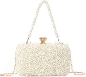 Lanpet Women Pearl Clutch Purse Noble Crystal Beaded Evening Bag for Wedding Bridal Party Prom with Pearl Chain Strap,Beige