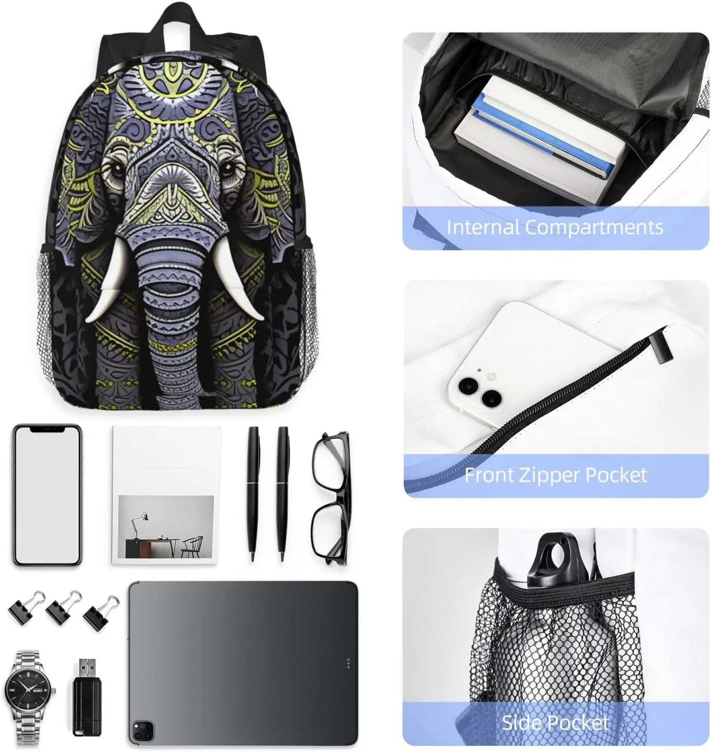 Laptop Backpack Lightweight Backpack for Men Women Daypack Elephant white pattern Laptop Bag Casual Backpack for Travel