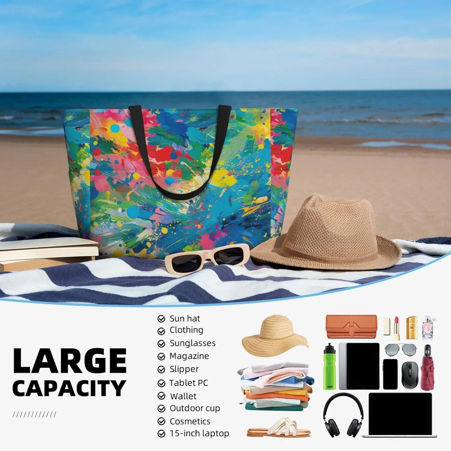 Large Beach Bag Waterproof Beach Totes Bags for Women Men, Pool Bag with Zipper Pocket