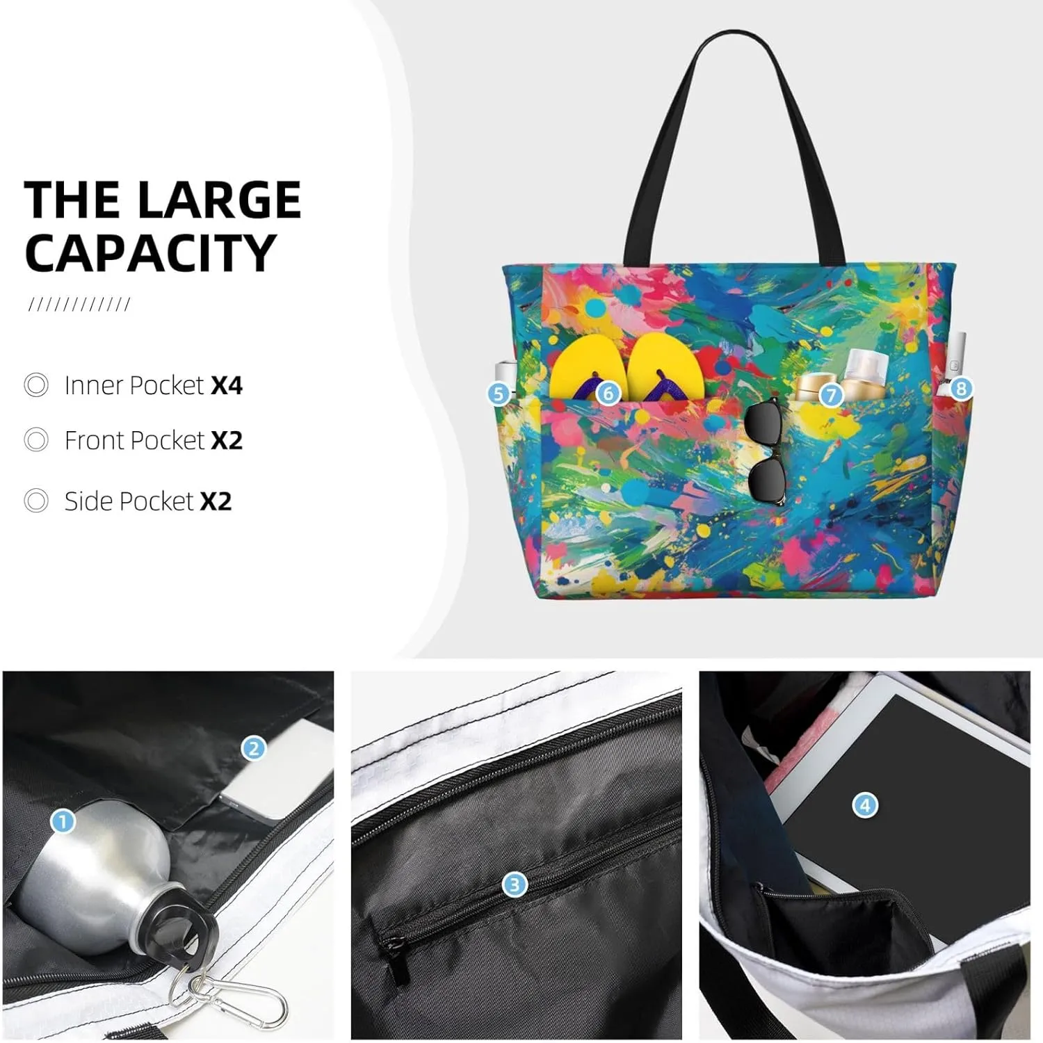 Large Beach Bag Waterproof Beach Totes Bags for Women Men, Pool Bag with Zipper Pocket