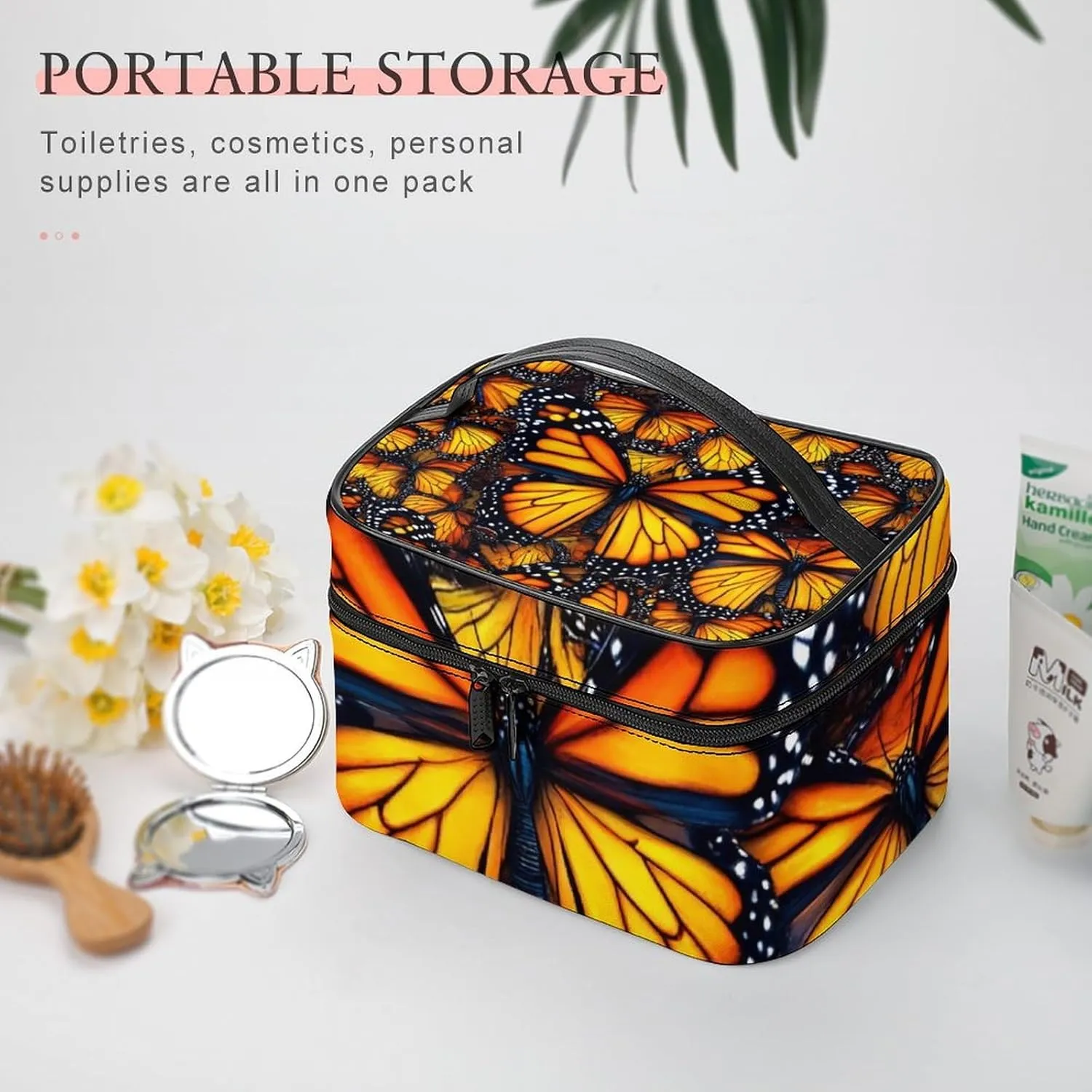 Large Capacity Makeup Organizer Bag, Portable Stylish Cosmetic Case with Zipper Pouch Beautiful Orange Monarch Butterfly Toiletry Storage Bag Travel Accessories