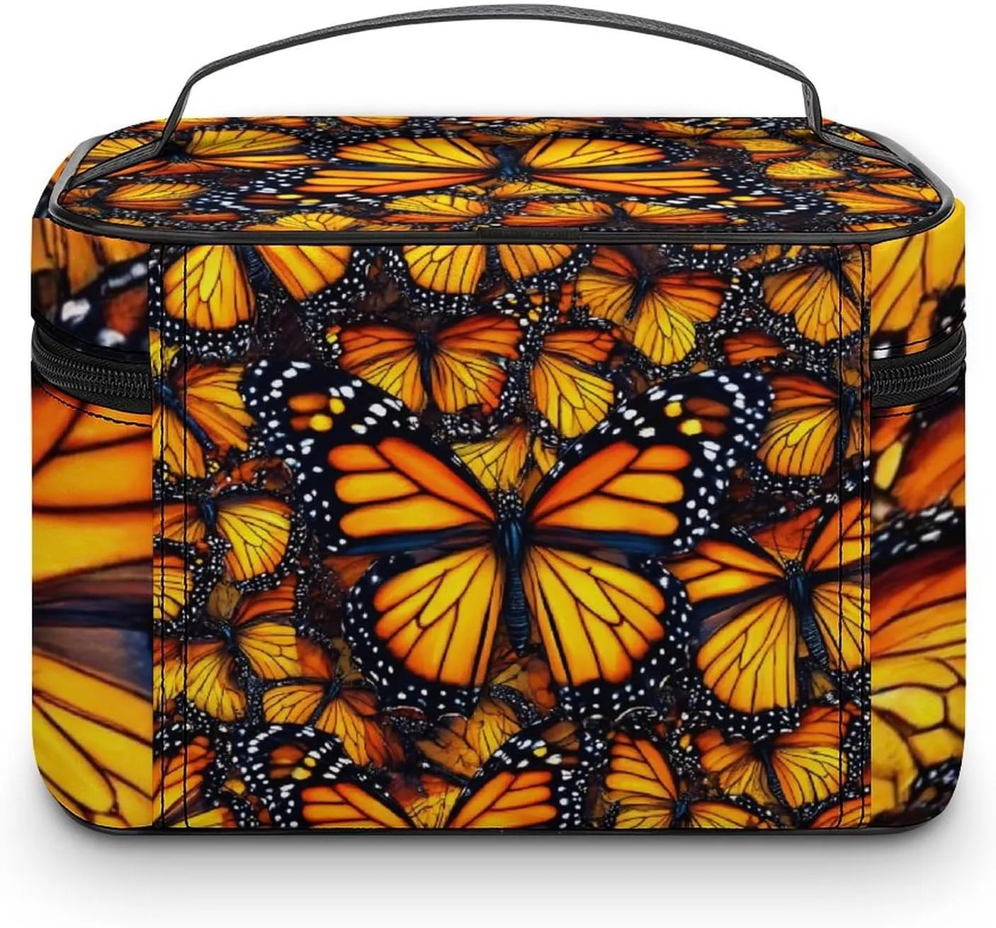 Large Capacity Makeup Organizer Bag, Portable Stylish Cosmetic Case with Zipper Pouch Beautiful Orange Monarch Butterfly Toiletry Storage Bag Travel Accessories