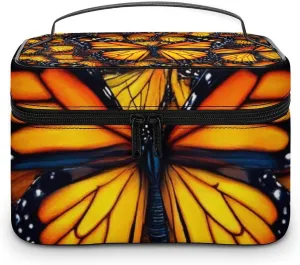 Large Capacity Makeup Organizer Bag, Portable Stylish Cosmetic Case with Zipper Pouch Beautiful Orange Monarch Butterfly Toiletry Storage Bag Travel Accessories
