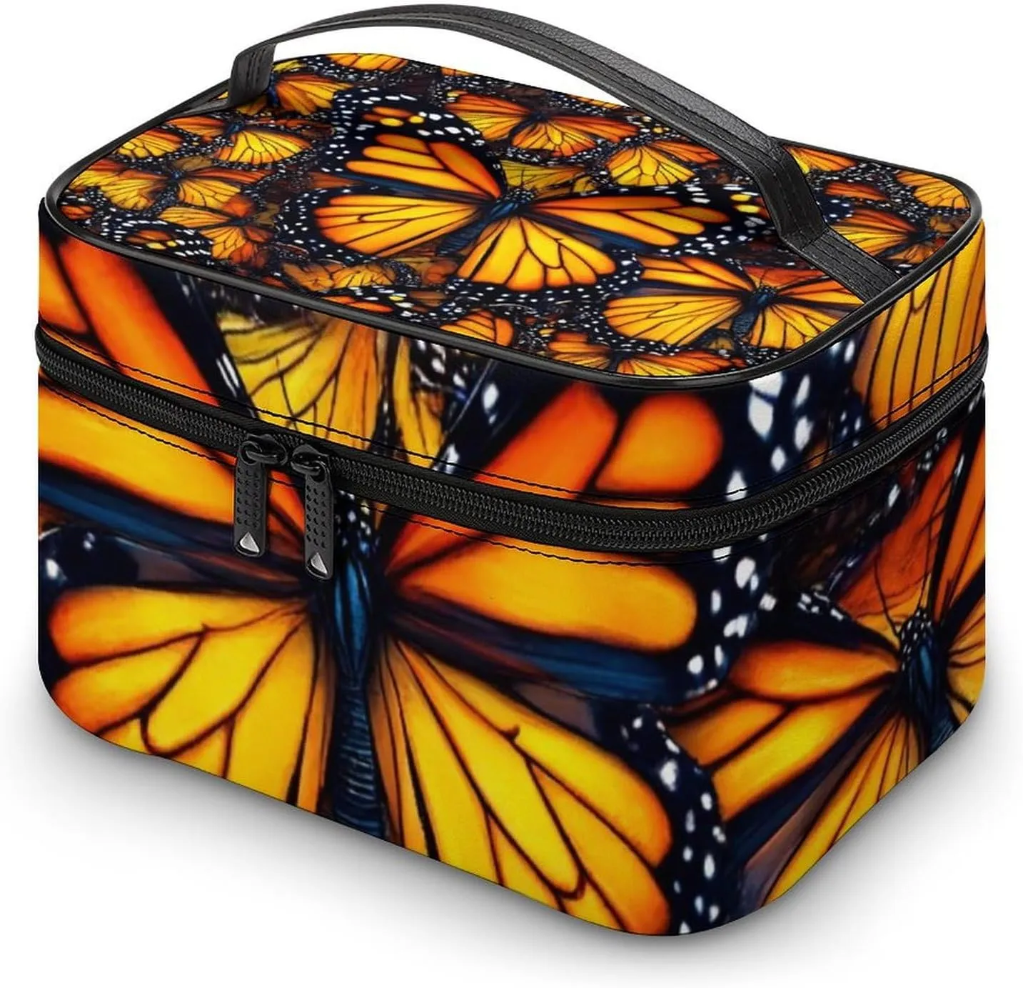 Large Capacity Makeup Organizer Bag, Portable Stylish Cosmetic Case with Zipper Pouch Beautiful Orange Monarch Butterfly Toiletry Storage Bag Travel Accessories