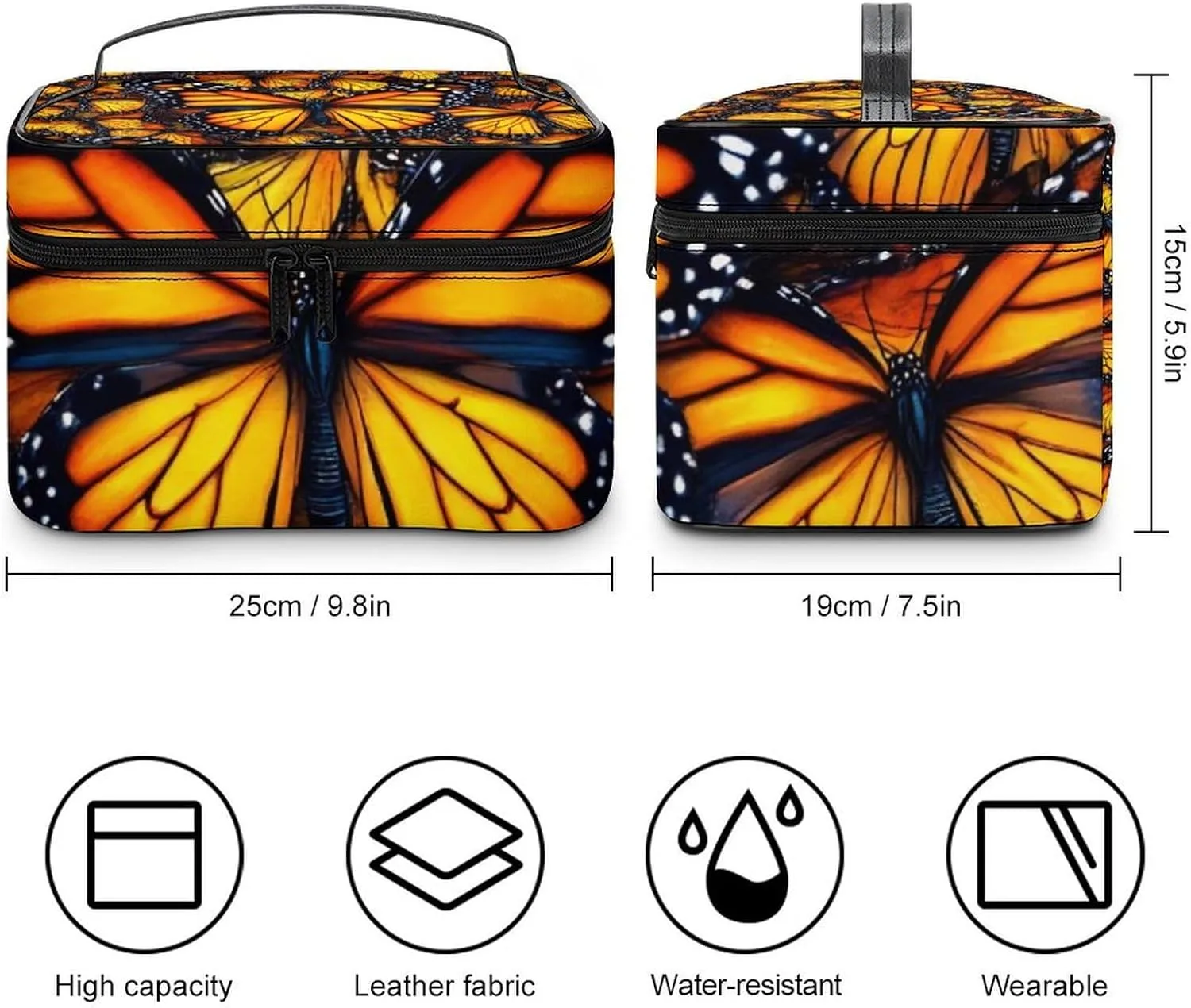 Large Capacity Makeup Organizer Bag, Portable Stylish Cosmetic Case with Zipper Pouch Beautiful Orange Monarch Butterfly Toiletry Storage Bag Travel Accessories