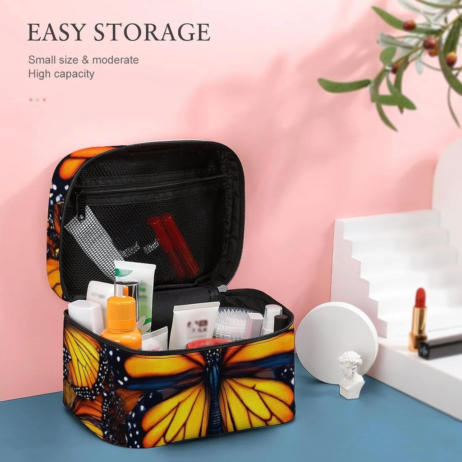 Large Capacity Makeup Organizer Bag, Portable Stylish Cosmetic Case with Zipper Pouch Beautiful Orange Monarch Butterfly Toiletry Storage Bag Travel Accessories