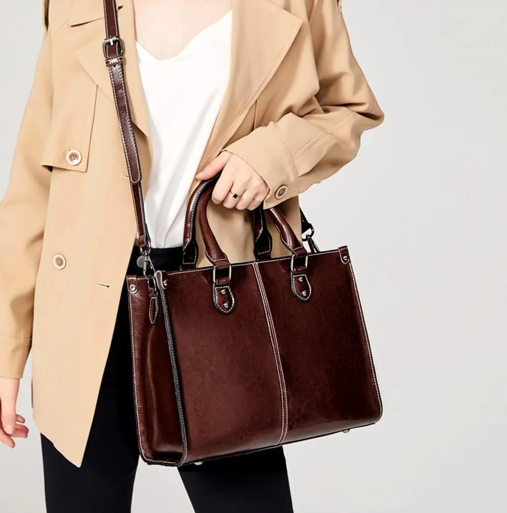 Large Satchel Handbag for Women Genuine Leather Top Handle Purse Fashion Shiny Leather Tote Crossbody Bag (Brown)