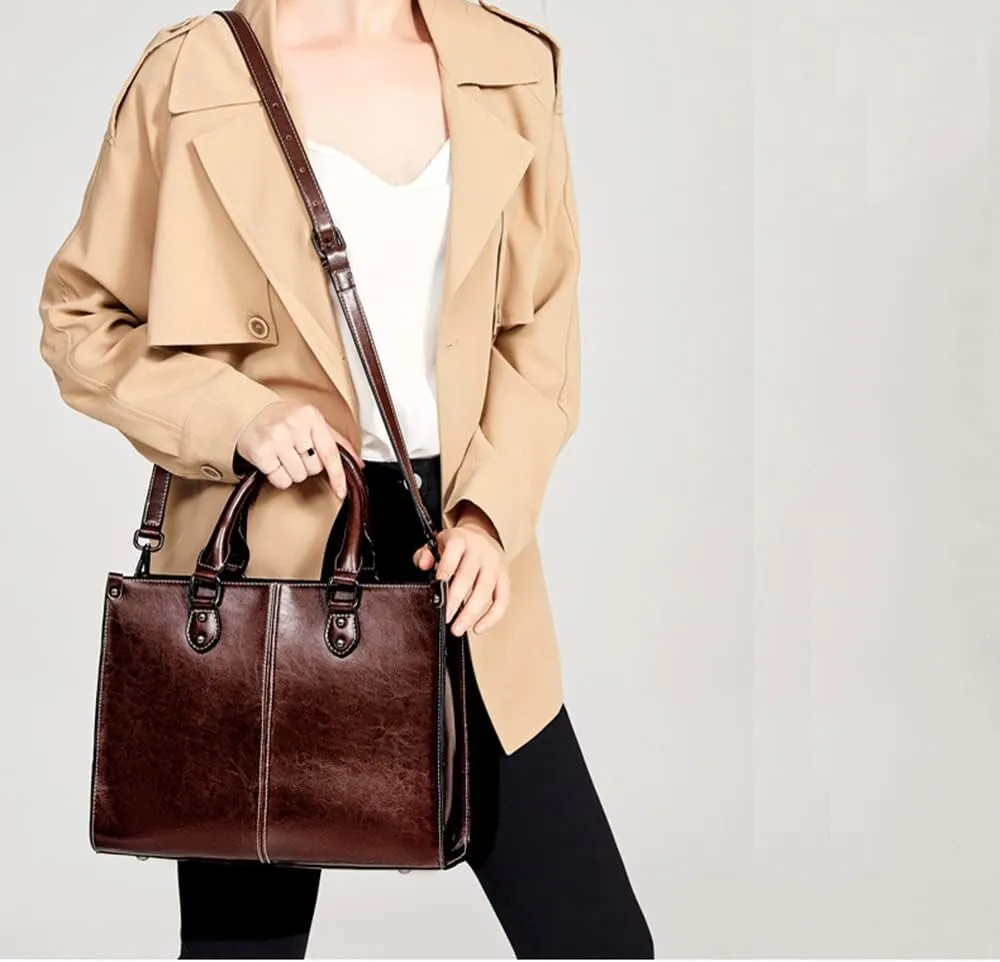 Large Satchel Handbag for Women Genuine Leather Top Handle Purse Fashion Shiny Leather Tote Crossbody Bag (Brown)