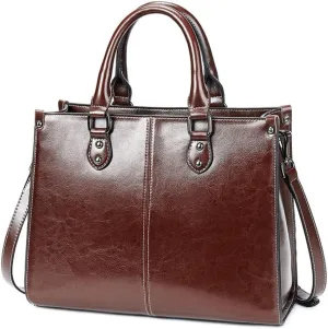 Large Satchel Handbag for Women Genuine Leather Top Handle Purse Fashion Shiny Leather Tote Crossbody Bag (Brown)