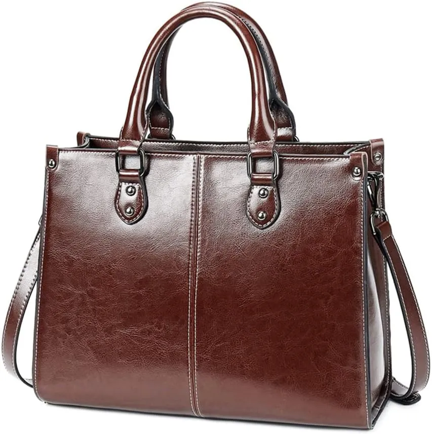 Large Satchel Handbag for Women Genuine Leather Top Handle Purse Fashion Shiny Leather Tote Crossbody Bag (Brown)
