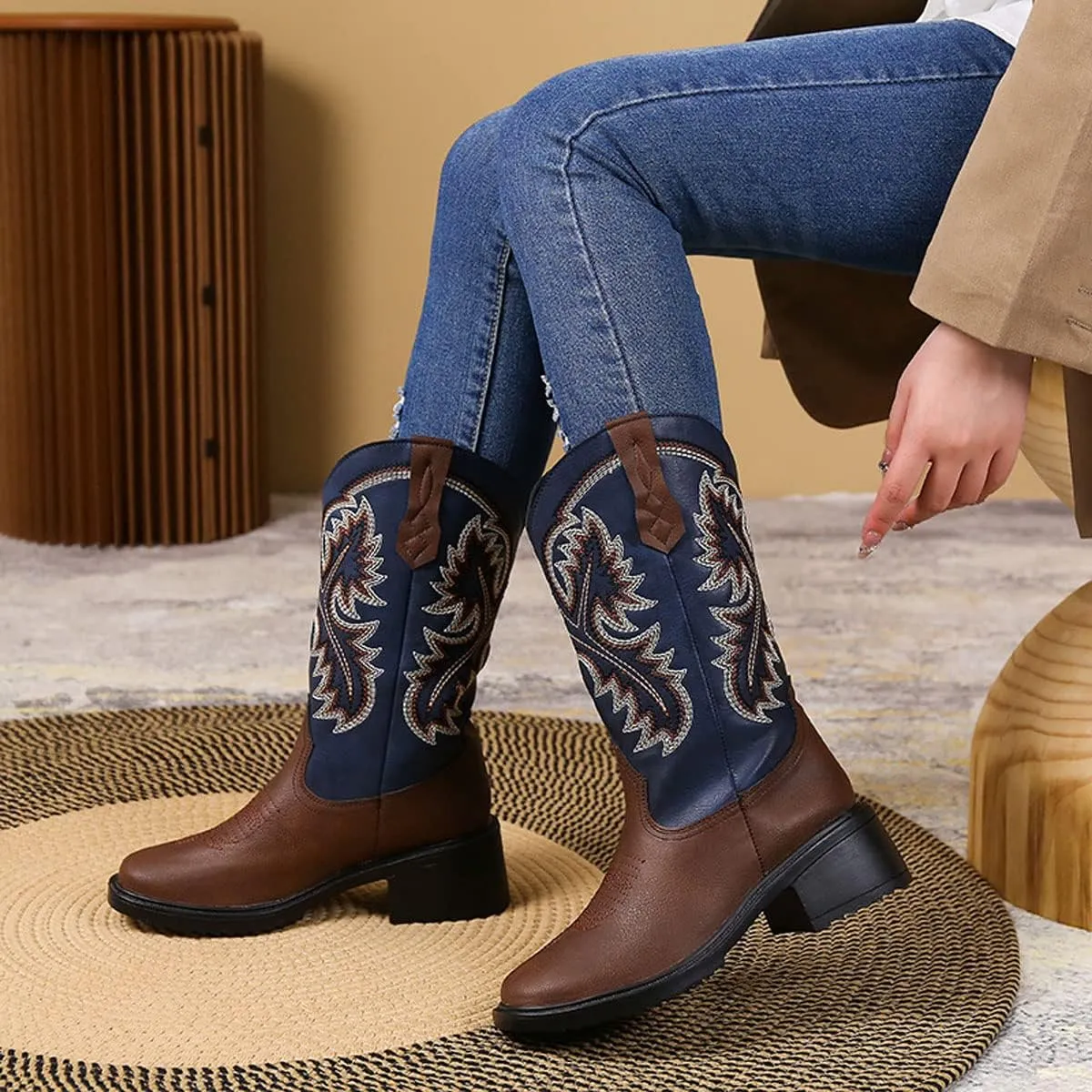 LAVAEGG Women's Square Toe Patchwork Embroidered Mid-Calf Western Cowboy Cowgirl Boots with Pull-Up Tabs Stain and water resistant cow suede upper