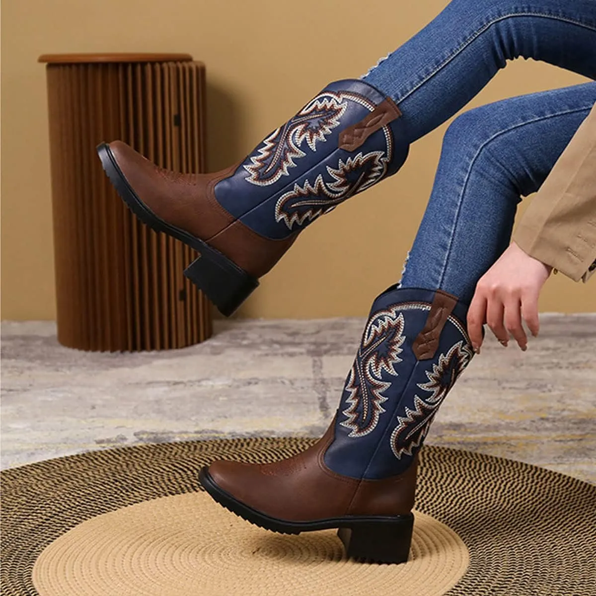 LAVAEGG Women's Square Toe Patchwork Embroidered Mid-Calf Western Cowboy Cowgirl Boots with Pull-Up Tabs Stain and water resistant cow suede upper