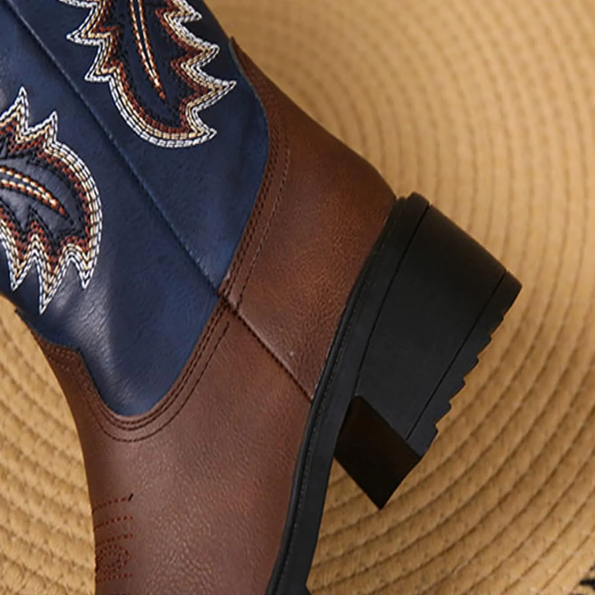 LAVAEGG Women's Square Toe Patchwork Embroidered Mid-Calf Western Cowboy Cowgirl Boots with Pull-Up Tabs Stain and water resistant cow suede upper
