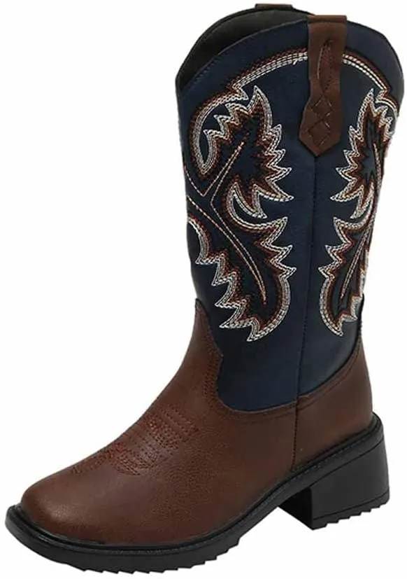 LAVAEGG Women's Square Toe Patchwork Embroidered Mid-Calf Western Cowboy Cowgirl Boots with Pull-Up Tabs Stain and water resistant cow suede upper