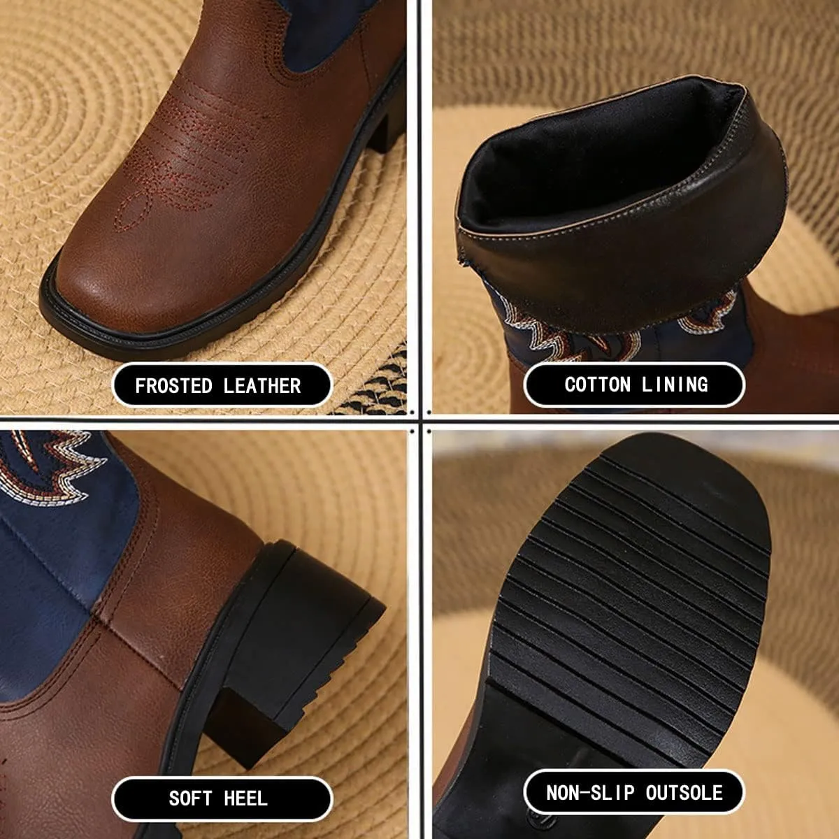 LAVAEGG Women's Square Toe Patchwork Embroidered Mid-Calf Western Cowboy Cowgirl Boots with Pull-Up Tabs Stain and water resistant cow suede upper