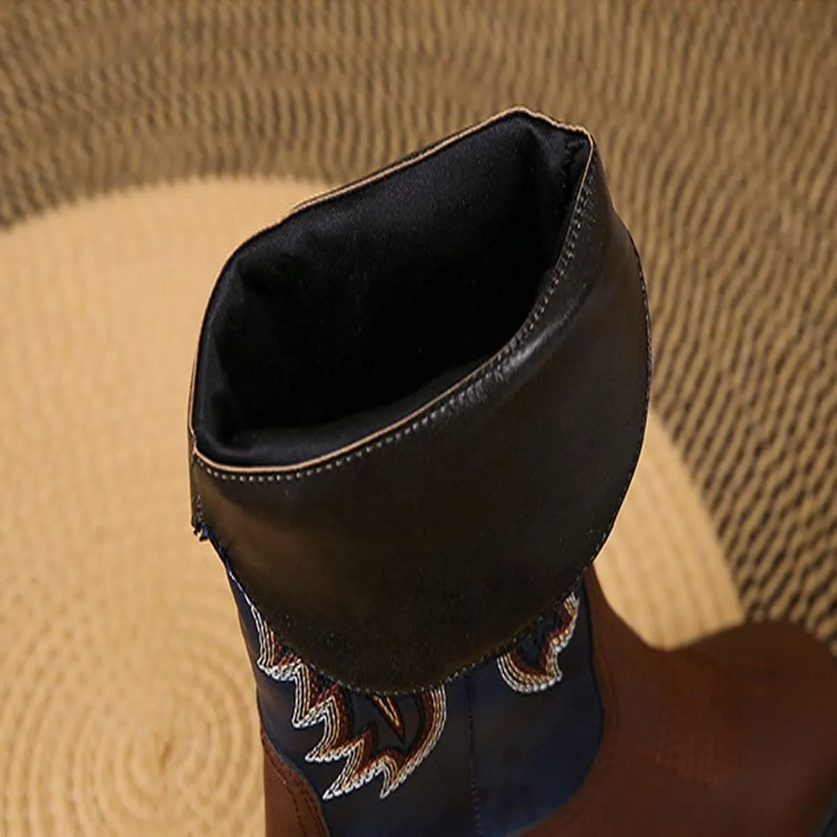 LAVAEGG Women's Square Toe Patchwork Embroidered Mid-Calf Western Cowboy Cowgirl Boots with Pull-Up Tabs Stain and water resistant cow suede upper