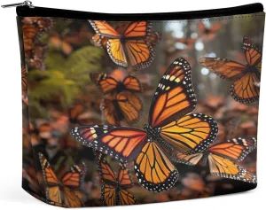 Leather Makeup Bag Waterproof Cosmetic Bag for Women Monarch Butterflies Open Flat Toiletry Bags Portable Pouch With Zipper Make Up Organizer Case for Travel Accessories