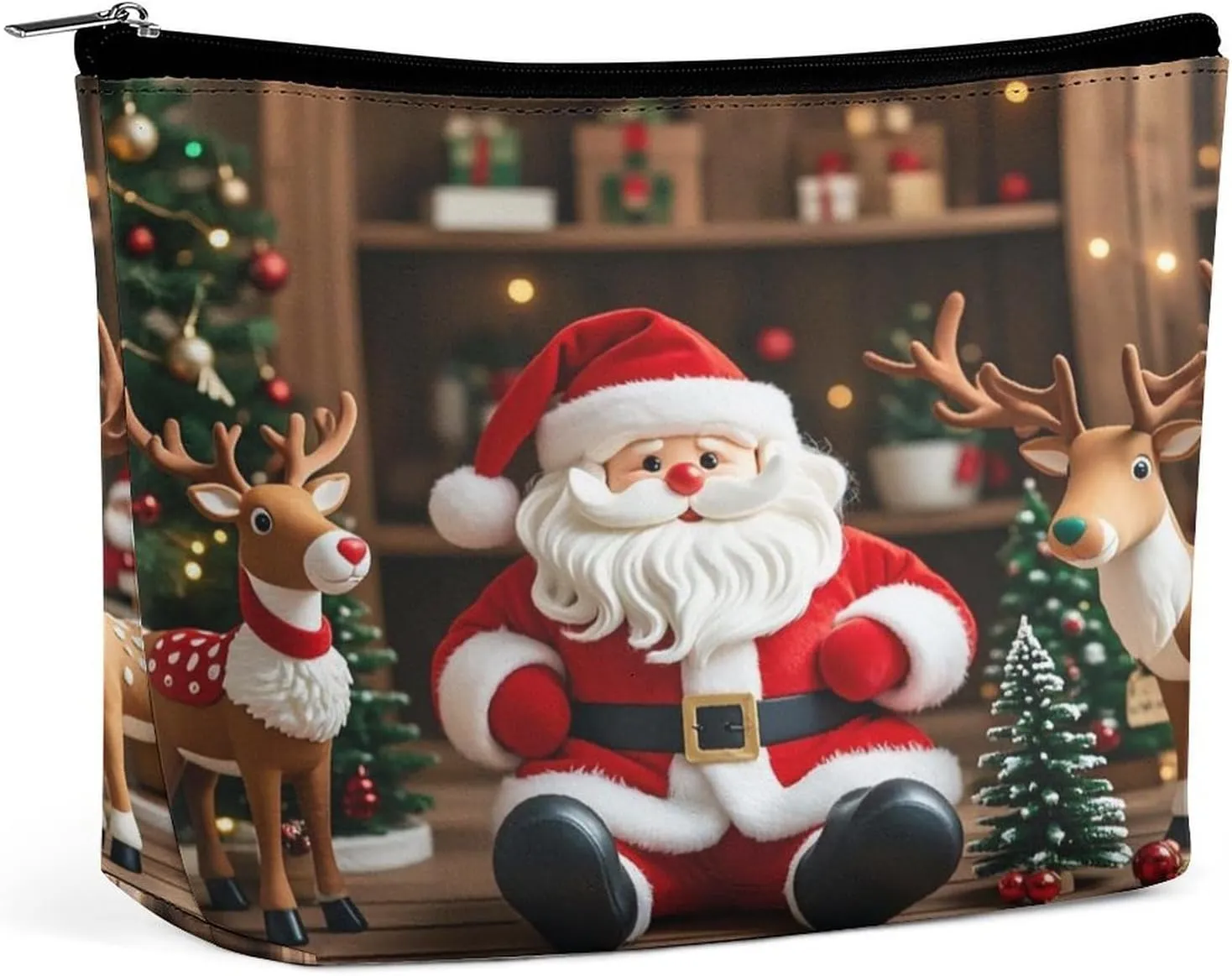 Leather Makeup Bag Waterproof Cosmetic Bag for Women Santa Claus Doll Reindeer Model Open Flat Toiletry Bags Portable Pouch With Zipper Make Up Organizer Case for Travel Accessories