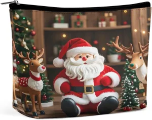 Leather Makeup Bag Waterproof Cosmetic Bag for Women Santa Claus Doll Reindeer Model Open Flat Toiletry Bags Portable Pouch With Zipper Make Up Organizer Case for Travel Accessories