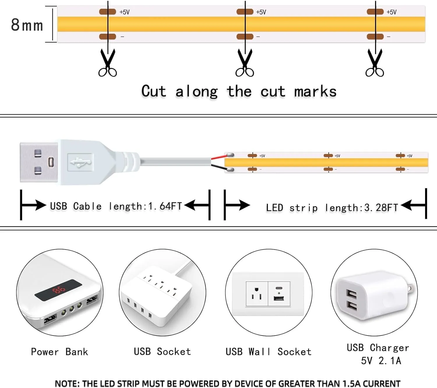 Led Strip Lights 5V USB 320 LEDs 2Pack Short COB LED Strip Light 3000K Warm White Not Dimmable Flexible Small led for Home DIY Lighting Room Decor TV Lights Indoor Use (3.28FT/1M*2)