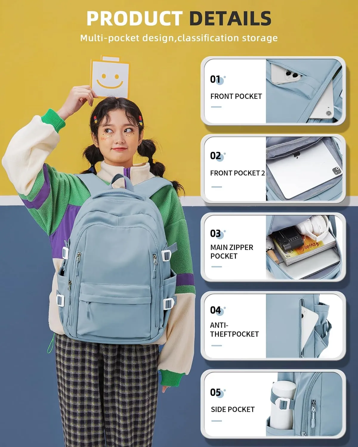 Lightweight Backpack for Women, Large Laptop Travel Backpack Casual Daypack Bag Rucksack for Men.Light Blue