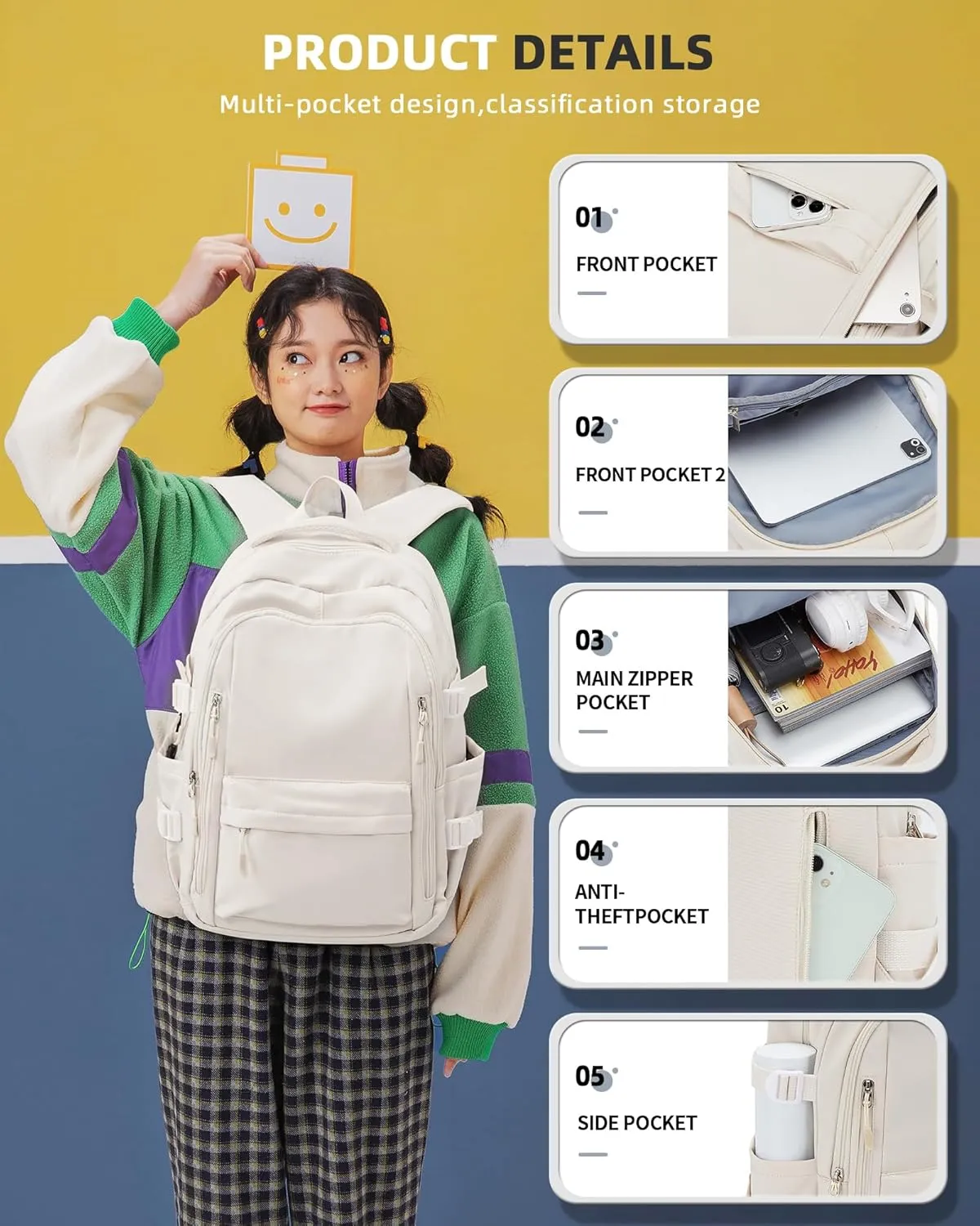 Lightweight Backpack for Women, Large Laptop Travel Backpack Casual Daypack College Bag Rucksack for Men. Beige