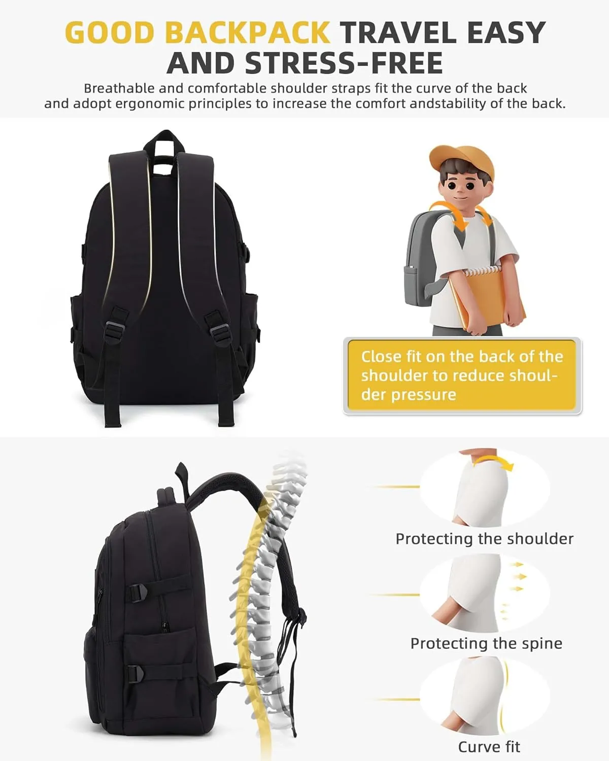 Lightweight Backpack for Women, Large Laptop Travel Backpack Casual Daypack College Bag Rucksack for Men. Black