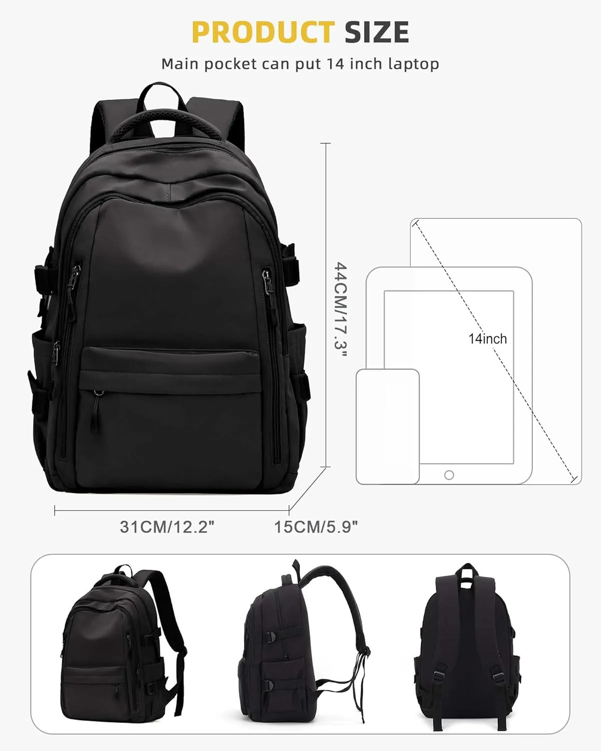 Lightweight Backpack for Women, Large Laptop Travel Backpack Casual Daypack College Bag Rucksack for Men. Black