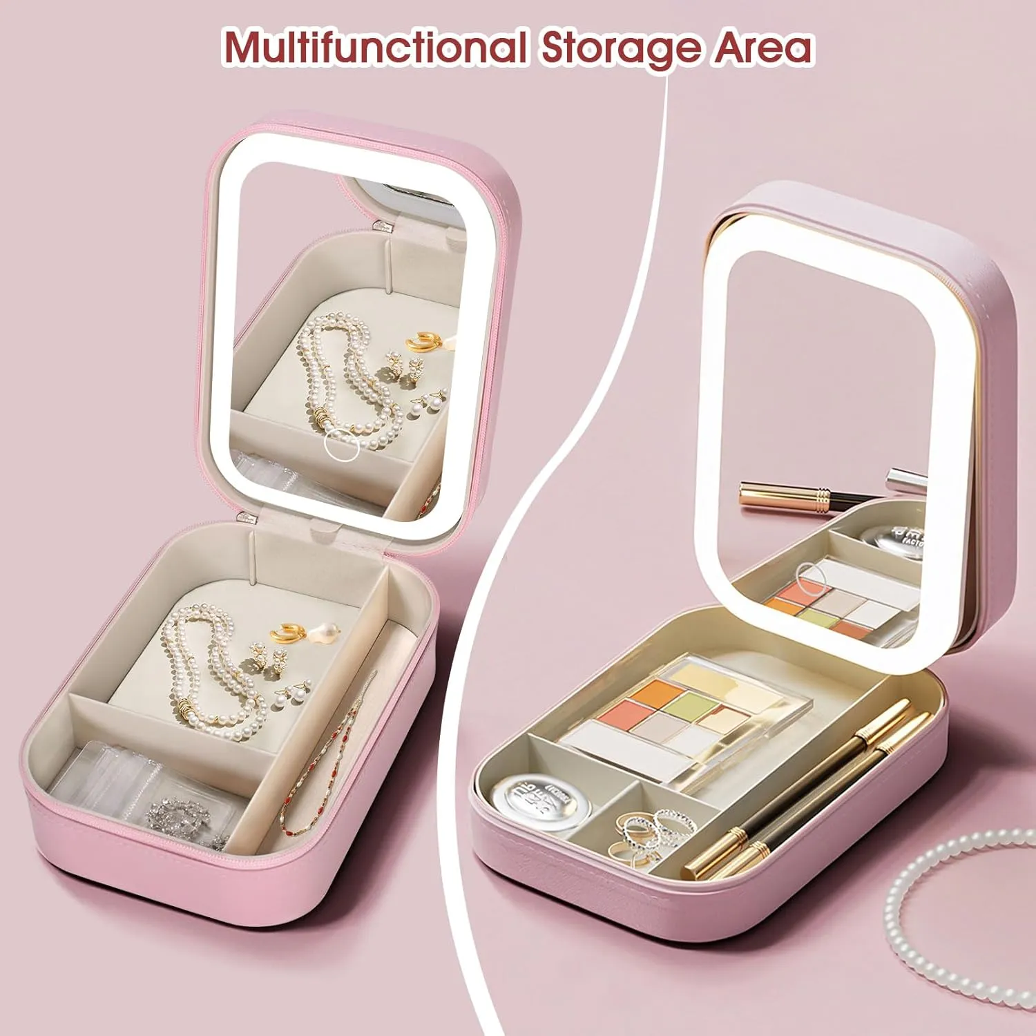 LiveGo 3-Color LED Travel Jewelry Case and Makeup Bag with Mirror, Dust-Proof Jewelry Box, 10 Sealed Jewelry Bags - Compact Cosmetic Mirror Case for Women Girls Travel Essentials (Pink)