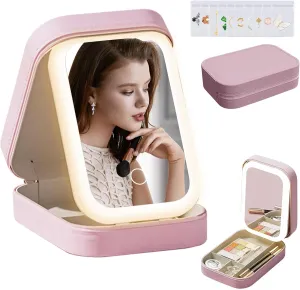 LiveGo 3-Color LED Travel Jewelry Case and Makeup Bag with Mirror, Dust-Proof Jewelry Box, 10 Sealed Jewelry Bags - Compact Cosmetic Mirror Case for Women Girls Travel Essentials (Pink)