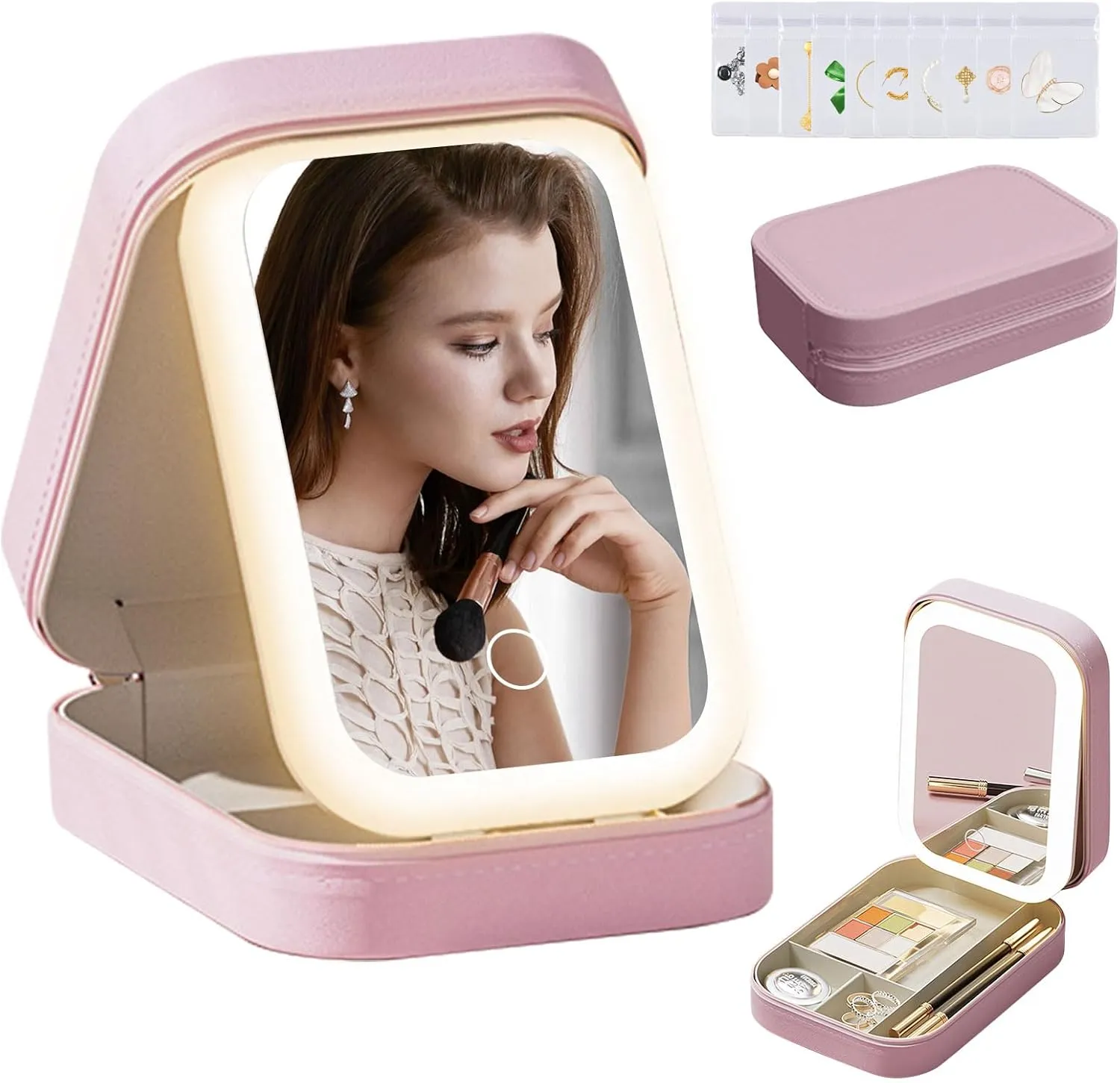 LiveGo 3-Color LED Travel Jewelry Case and Makeup Bag with Mirror, Dust-Proof Jewelry Box, 10 Sealed Jewelry Bags - Compact Cosmetic Mirror Case for Women Girls Travel Essentials (Pink)