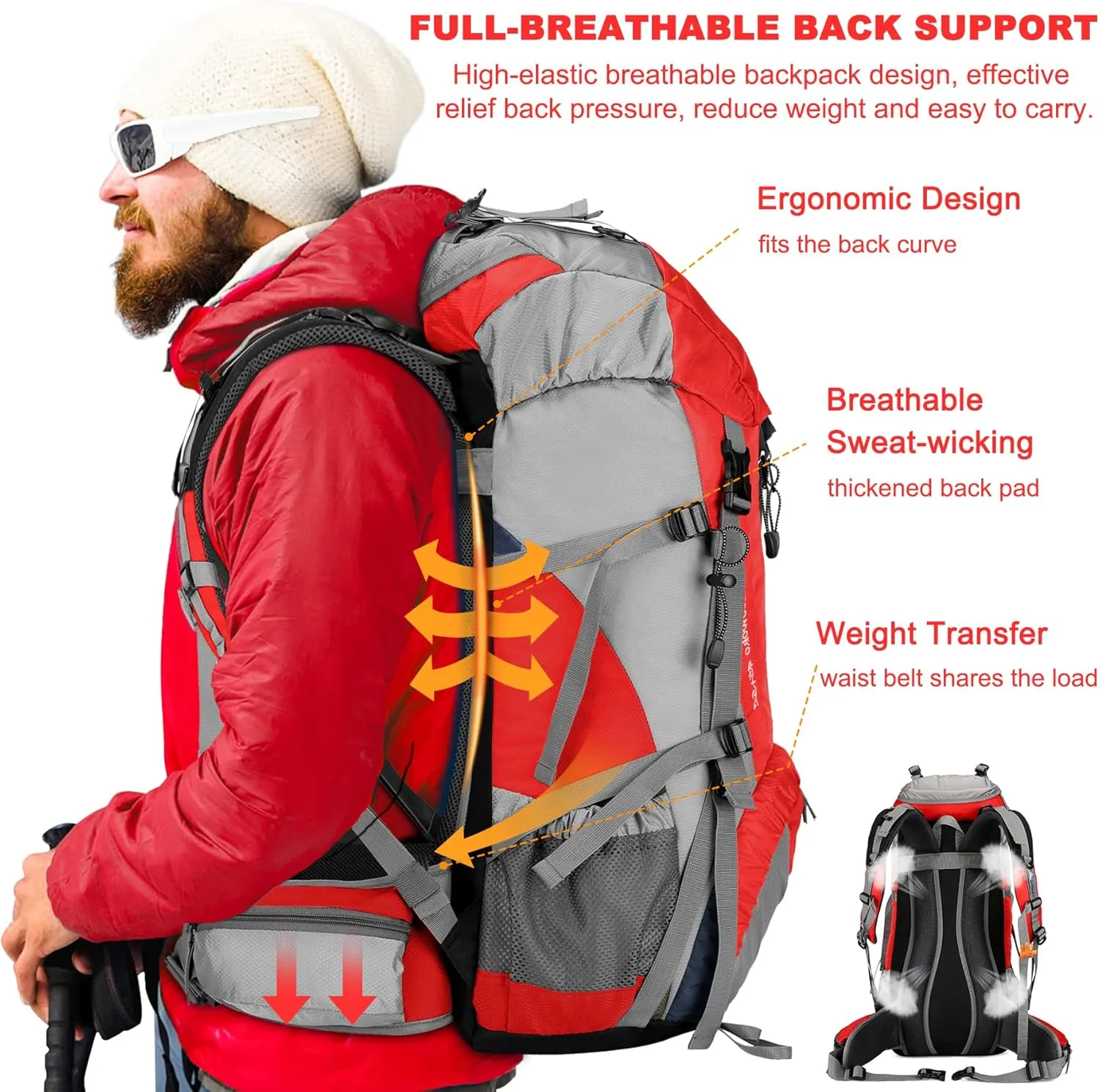 Loowoko 50L Hiking Backpack, Waterproof Camping Essentials Bag with Rain Cover, 45 5 Liter Lightweight Backpacking Back Pack