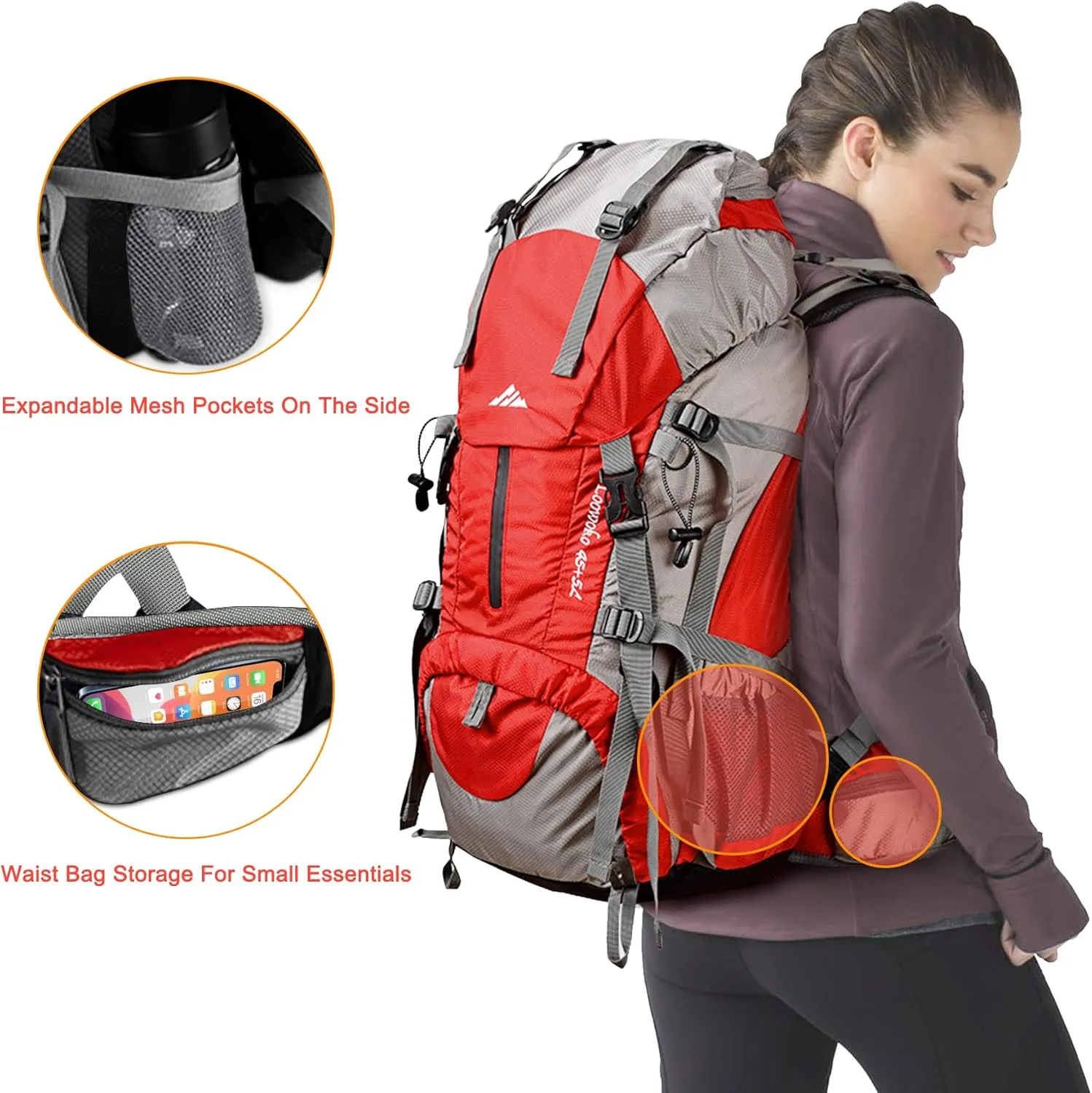 Loowoko 50L Hiking Backpack, Waterproof Camping Essentials Bag with Rain Cover, 45 5 Liter Lightweight Backpacking Back Pack