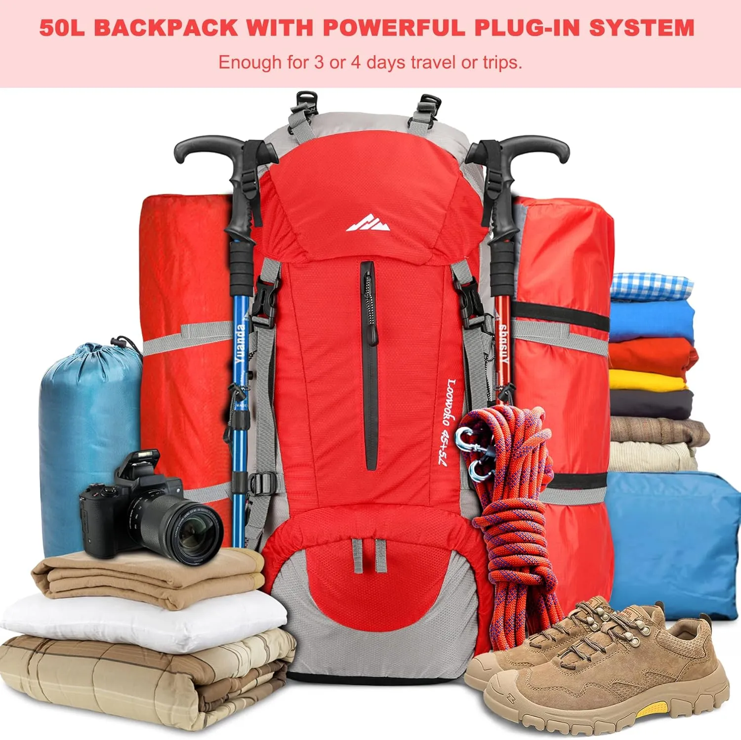 Loowoko 50L Hiking Backpack, Waterproof Camping Essentials Bag with Rain Cover, 45 5 Liter Lightweight Backpacking Back Pack