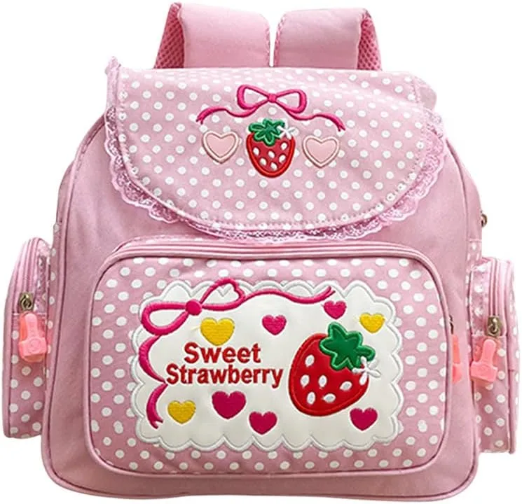 Lovemore Kawaii Embroidery Strawberry Backpack for Girl Teen Student School Bag Satchel Cute Pink Lace JK Backpack